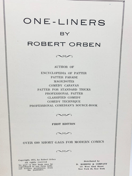 One Liners by Robert Orben - First Edition 1951