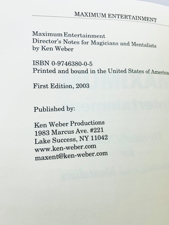 Maximum Entertainment by Ken Weber - First Edition 2003