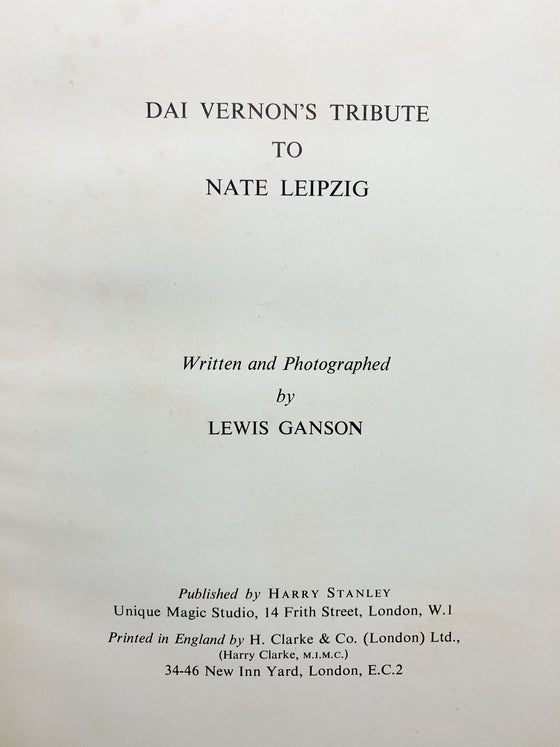 Dai Vernon's Tribute to Nate Leipzig by Lewis Ganson - Published by Harry Stanley